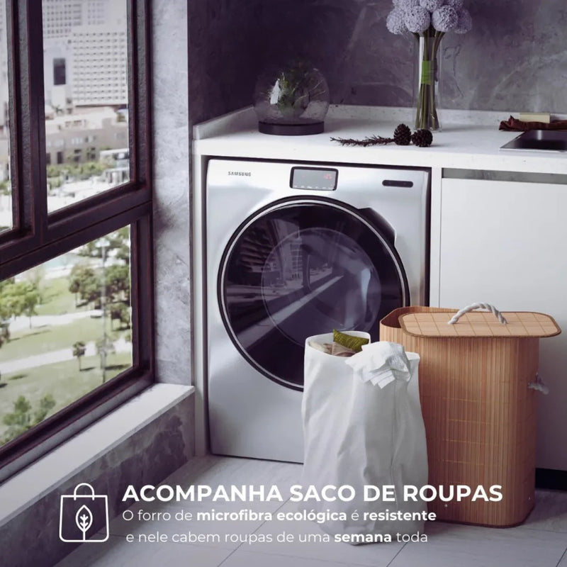 Cesto de Roupa Suja em Bambu com Tampa e Alça