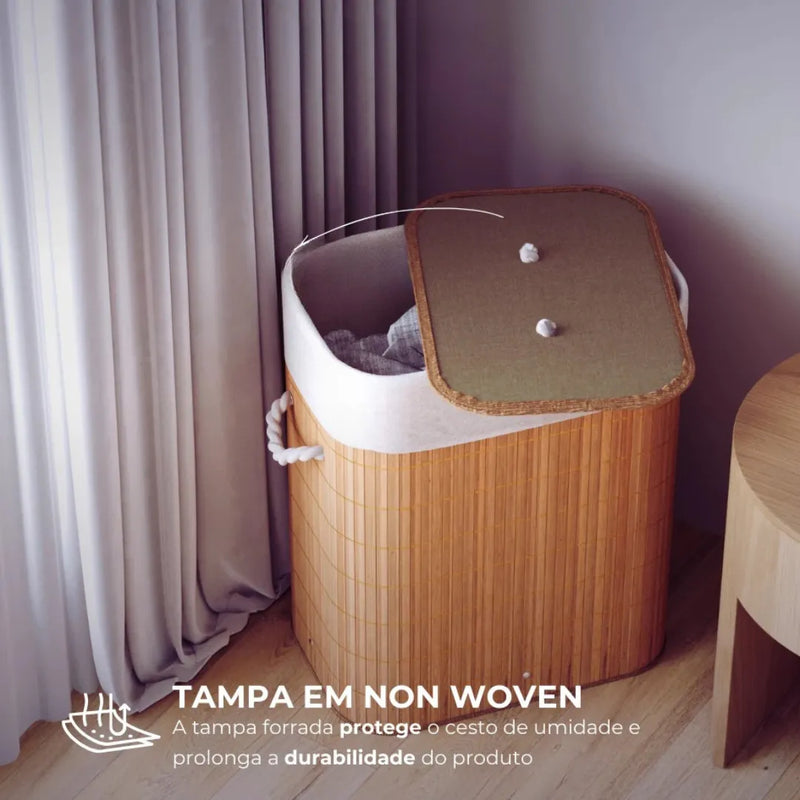 Cesto de Roupa Suja em Bambu com Tampa e Alça