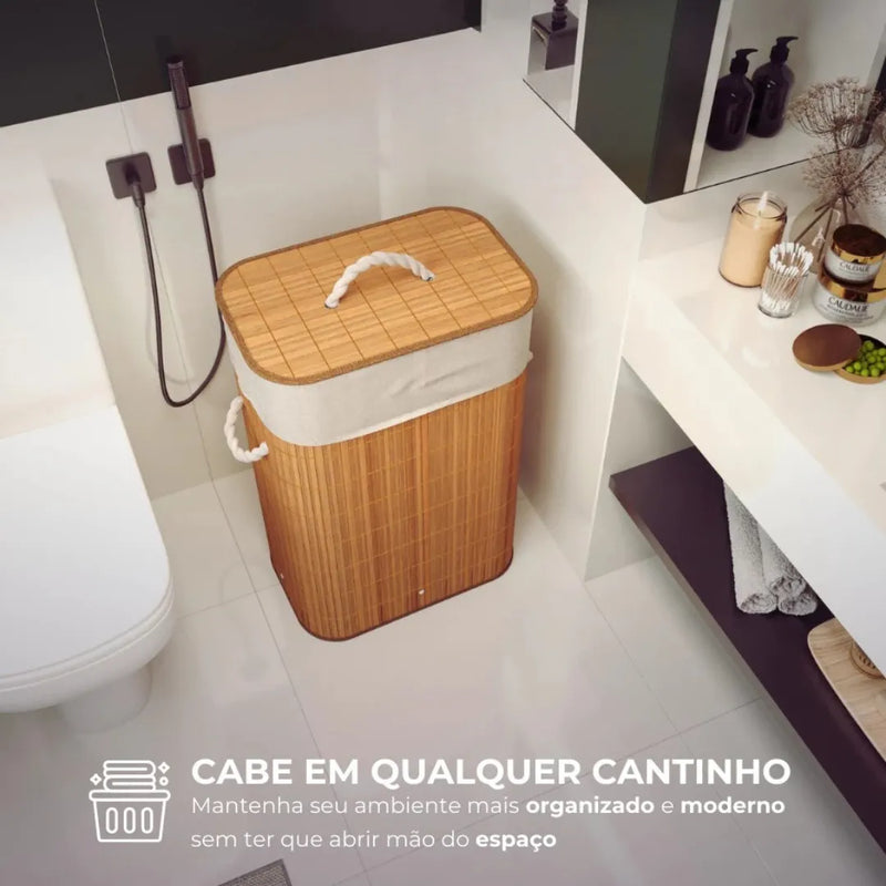 Cesto de Roupa Suja em Bambu com Tampa e Alça