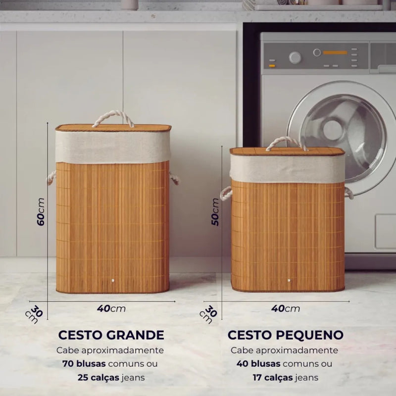 Cesto de Roupa Suja em Bambu com Tampa e Alça