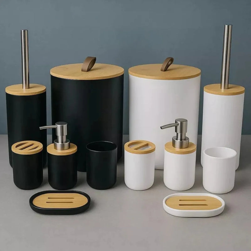 Kit de Banheiro Moderno com Toque de Bambu – 6 Peças