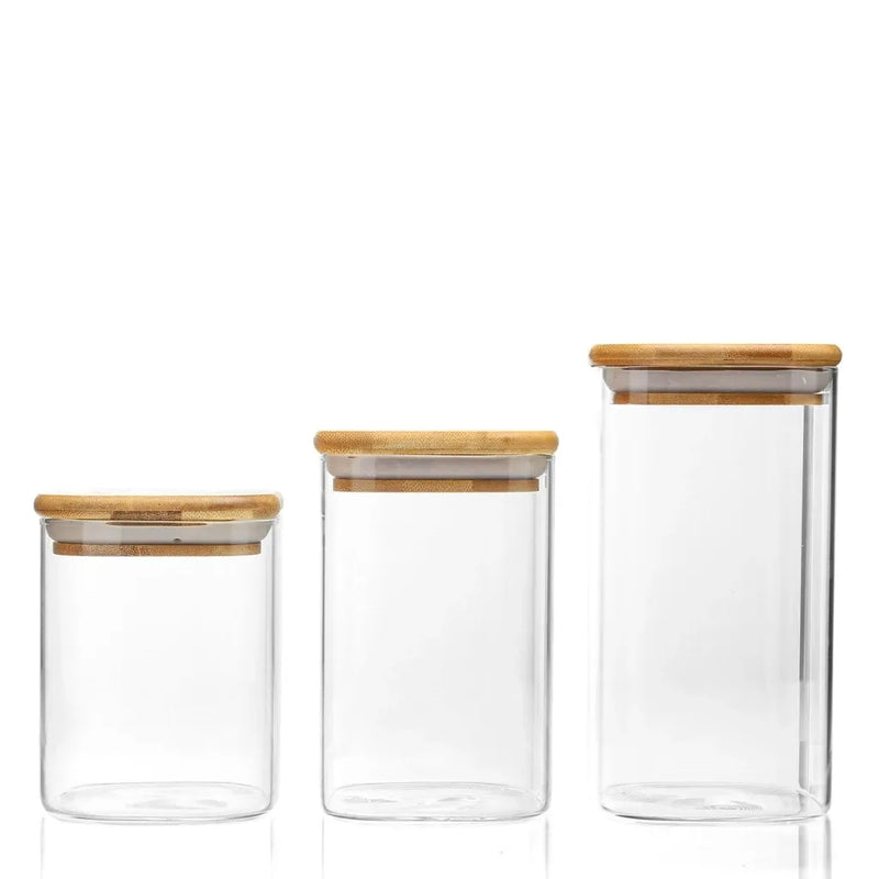 Kit 3 Potes de Vidro com Tampa de Bambu