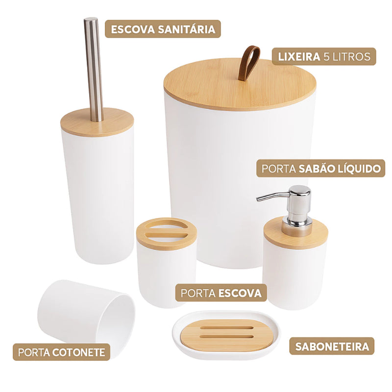 Kit de Banheiro Moderno com Toque de Bambu – 6 Peças