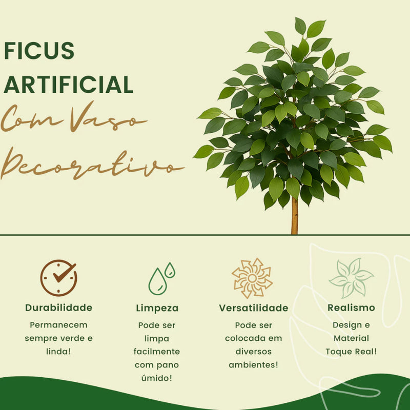 Kit Vaso Decorativo Bege Ficus Artificial 90cm