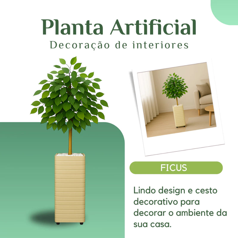 Kit Vaso Decorativo Bege Ficus Artificial 90cm