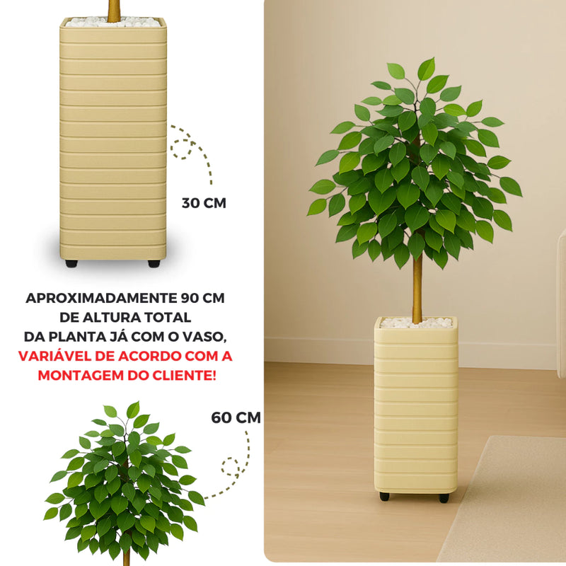 Kit Vaso Decorativo Bege Ficus Artificial 90cm