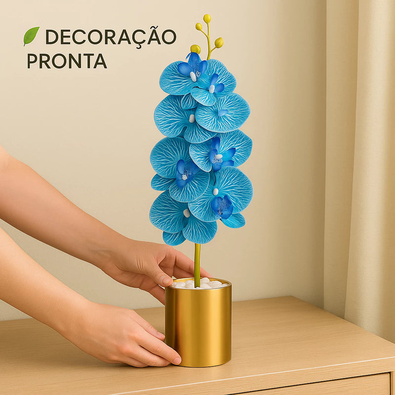 Vaso Dourado  Orquídea Artificial Azul – 63cm