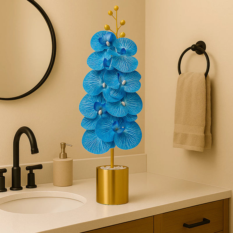 Vaso Dourado  Orquídea Artificial Azul – 63cm