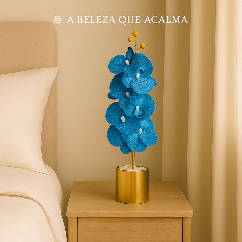 Vaso Dourado  Orquídea Artificial Azul – 63cm